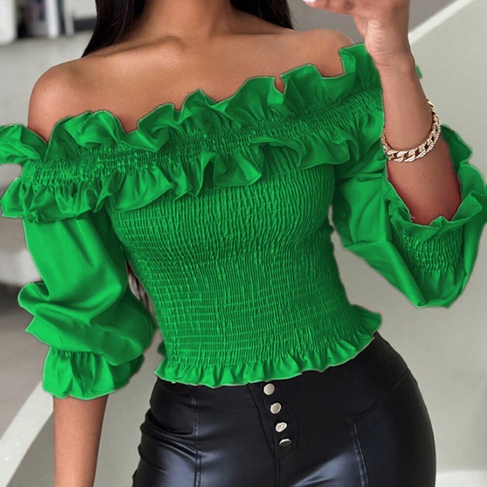 Green Casual Women's Ruffle Off Shoulder Fitted Blouse